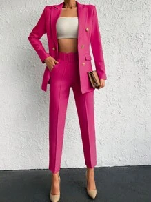 Cottnline Solid Double Breasted Blazer & Slant Pocket Trousers - Hot Pink - View 1