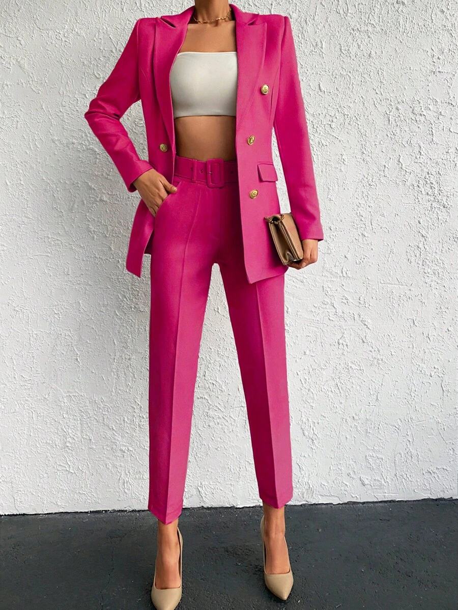 Cottnline Solid Double Breasted Blazer & Slant Pocket Trousers - Hot Pink - View 1