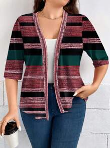 SHEIN LUNE Plus Size Casual Contrast Striped Jacket, Autumn - Brown - View 1