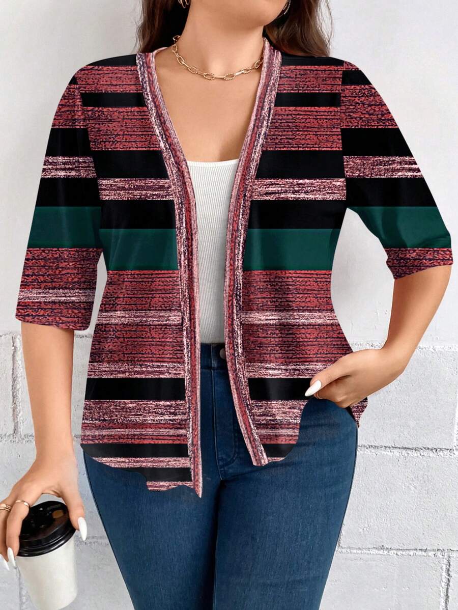SHEIN LUNE Plus Size Casual Contrast Striped Jacket, Autumn - Brown - View 1