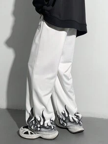 SHEIN 青少年男孩休闲火焰与英文图案印花白色锥形运动裤，适合秋季、冬季、保暖、学院、休闲、运动装、生日派对、郊游、百搭、简约、保暖内衬 - 白色 - 查看 2