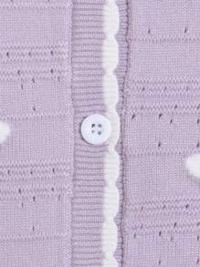 SHEIN Baby Girls' Fashionable Black & White Casual Lovely Soft Minimal Heart Pattern Long Sleeve Knitted Cardigan, Suitable For Home, Daily Wear, Outing, Party, Autumn And Winter - Dusty Purple - View 3