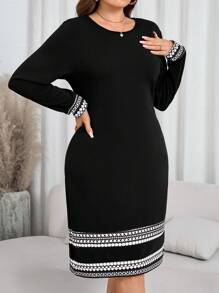 SHEIN Clasi 大码女式秋季几何印花圆领长袖休闲连衣裙 - 黑色 - 查看 5