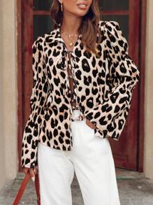 SHEIN VCAY Women's Tie Front Leopard Print Blouse,Beige Elegant Night Out Long Sleeve Puff Sleeve Ruffle Hem Casual Vacation Blouse,Autumn Minimalist Office - Multicolor - View 3