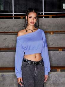 SHEIN Sports Women Solid Color Asymmetric Collar Long Sleeve Everyday Fitness Cropped Sweatshirtwinter Women Tops,Women's Fall & Winter Outdoor T-Shirt - Blue - View 6