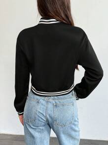 Chiquease Chaqueta de béisbol corta de manga larga a rayas casual de otoño para mujer - Negro - Ver 2