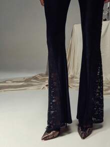 SHEIN Unity 低腰褶饰拼布蕾丝修身喇叭裤 - 黑色 - 查看 6