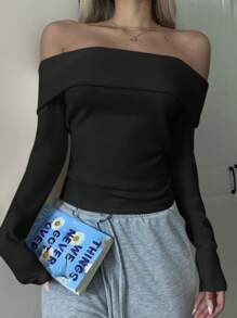CovetEZ 1 buah Kaos Bodycon Rajut Tanpa Bahu Warna Hitam untuk Wanita - Hitam - View 5