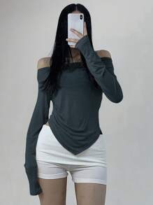 DAZY Women's Solid Off-Shoulder Long Sleeve Minimalist T-Shirt, Casual Daily Wear