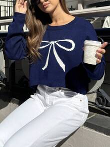 Bow Tie Print Cropped Round Neck Casual Long Sleeve Pullover Sweater - Navy Blue - View 4