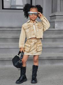 SHEIN 2 件套年轻女孩卡其色牛仔领长袖夹克