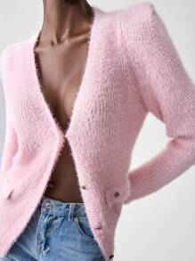 SHEIN Unity Cardigan de manga larga de cuello en V sencillo - Rosa Pálido - Ver 7