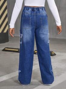 SHEIN Pantalones vaqueros rectos y sueltos con bordado de estrella desgastada para niña preadolescente, pantalones de mezclilla azul lavada de estilo casual y versátil - Azul lavado medio - Ver 2
