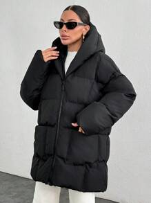 EURMUSE Shawl Collar Long Puffer Winter Coat Jacket - Black - View 3