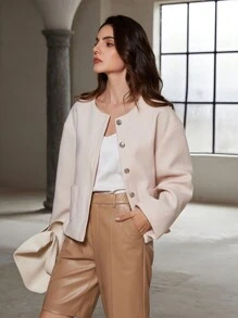 EMERY ROSE Vintage Elegant Round Neck Short Metallic Button Pocket Jacket Fall Cloth For Women - Apricot - View 3