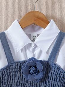 2pcs/Set Girls Fashionable Puff Sleeve Shirt Dress + Casual Flower Strap Vest Outfit, Fall/Winter
