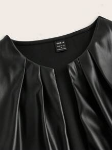 SHEIN Essnce Women's Plain Color PU Leather Pleated 3/4 Sleeve Open Front Cropped Jacket, Spring Autumn - Black - View 3