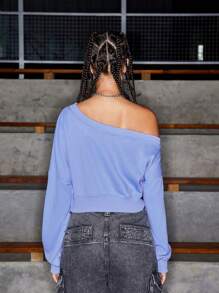 SHEIN Sports Women Solid Color Asymmetric Collar Long Sleeve Everyday Fitness Cropped Sweatshirtwinter Women Tops,Women's Fall & Winter Outdoor T-Shirt - Blue - View 8