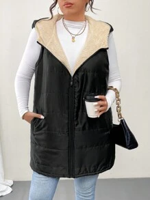 SHEIN LUNE Chaleco con capucha con cremallera y forrado cálido de talla grande con bolsillos en diagonal, ropa de otoño/invierno