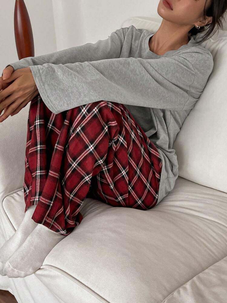 Set de ropa de estar en casa con top holgado casual y pantalones a cuadros, conjunto de ropa cómoda para otoño e invierno, pijama