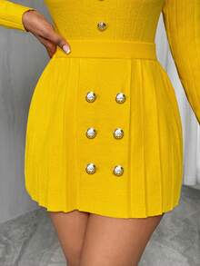 VaVaBold New Yellow Button Minimalist Sexy Sweater & Pleated Skirt Set - Yellow - View 6