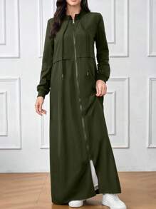 Al Najma 女士时尚端庄优雅迷人长袖拉链长袍，休闲运动立领前拉链闭合长袍，适合日常休闲/工作/返校 - 軍綠色 - 查看 4