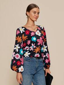 SHEIN Unity Blusa de Moda Solta com Manga Lanterna de Decote em V e Estampa Floral para Mulheres - Preto - Visão 3