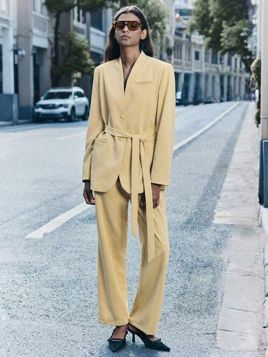 Maija Women Yellow Solid Color Blazer And Pants Suit Set - Mustard Yellow - View 1