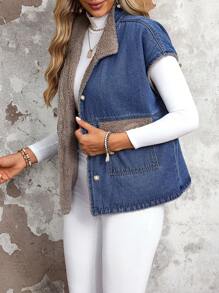 SHEIN LUNE Women's Reversible Loose Fit Denim Vest Jacket For Fall & Winter Thickened Denim