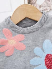 Suéter de punto floral casual para niñas bebé, suave y cómodo, adecuado para uso diario, hogar, exterior, fiestas, otoño/invierno - Gris Claro - Ver 4