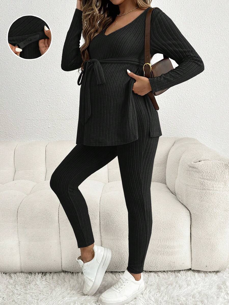 SHEIN 2pcs Maternity Casual Solid Rib-Knit V-Neck Belt Long Sleeve Tee & Adjustable Waist Skinny Pants Set, Pants Set, Spring/Autumn - Black - View 1