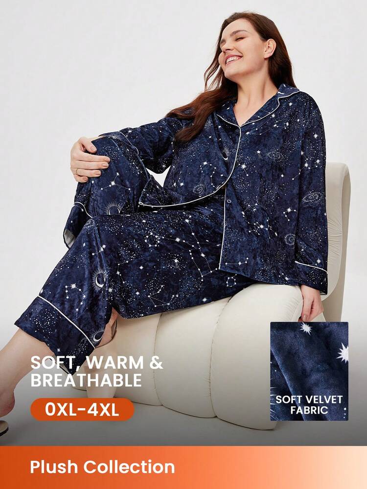 Women  Plus Winter Star Print Velour Button-Up Long PJ Set
