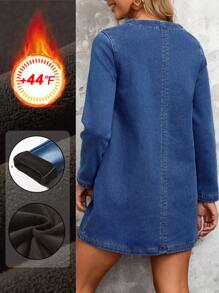 SHEIN LUNE 女士休闲拼布口袋羊毛牛仔连衣裙加厚牛仔布 - 藍色 - 查看 2