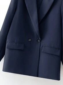 SHEIN Plus Size Women's Autumn Business Style Blue Front Pocket Blazer Jacket, Suitable For Commuting