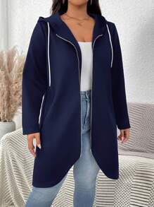 SHEIN LUNE Sudadera negra con capucha LUNE para mujer talla grande, ropa de otoño, ropa de maestra, ropa de regreso a la escuela, unicolor, simple, de manga larga, abrigo para uso diario - Azul Marino - Ver 6