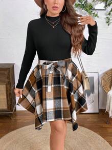 SHEIN LUNE Fall Women Dresses Plus Size Fall Women's Black Mock Neck Asymmetric Hem Plaid Fall Wedding Guest Dress - Multicolor - View 2