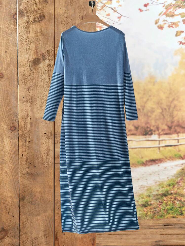 Plus Size Women's Blue Stripe & Floral Print Long Sleeve Casual Dress With Pockets,Fall And Winter Women Clothes