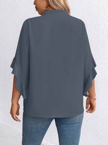 Plus Size Autumn Casual Beaded Ruffle Trim Blouse - Blue - View 2