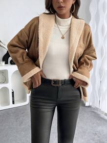 Chiquease Vintage braune wildlederartige kunstfell Jacke für Damen, Dick warmer Umlegekragen Kontrast-Farbe Fellbomber Mantel, Herbst/Winter