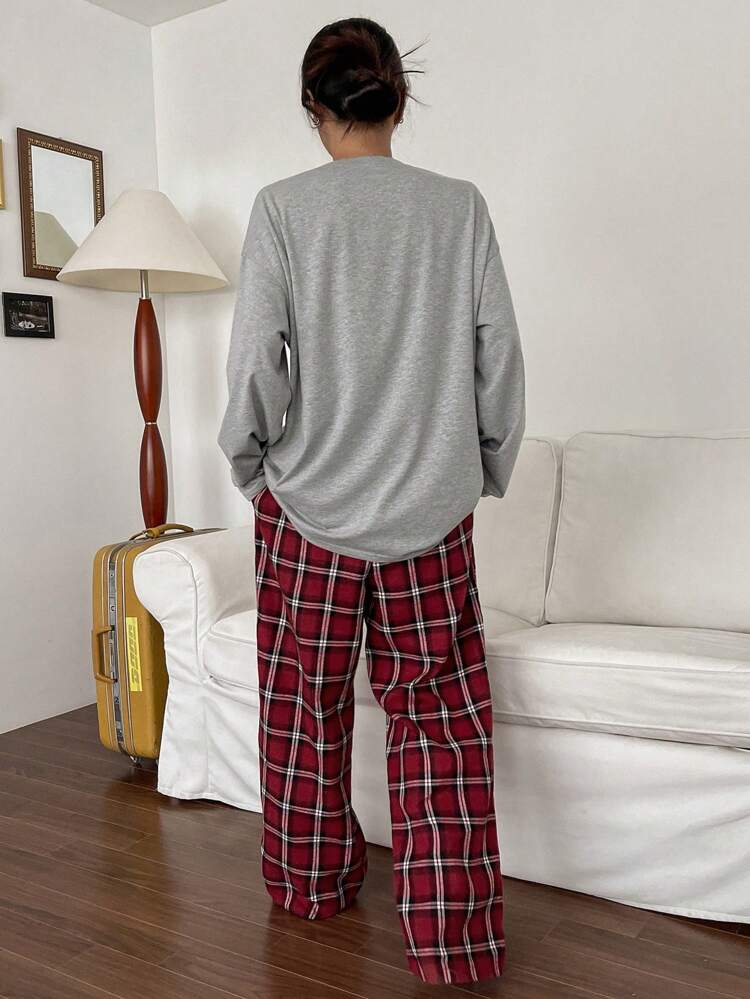 Set de ropa de estar en casa con top holgado casual y pantalones a cuadros, conjunto de ropa cómoda para otoño e invierno, pijama