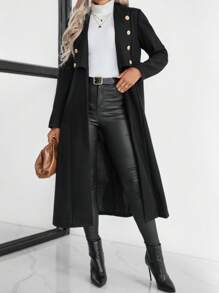 SHEIN LUNE 双排扣女式长款大衣（配腰带） - 黑色 - 查看 1