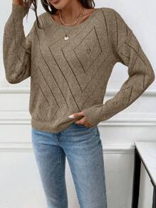 SHEIN LUNE 女士休闲镂空舒适纯色圆领长袖毛衣 - 咖啡棕 - 查看 5
