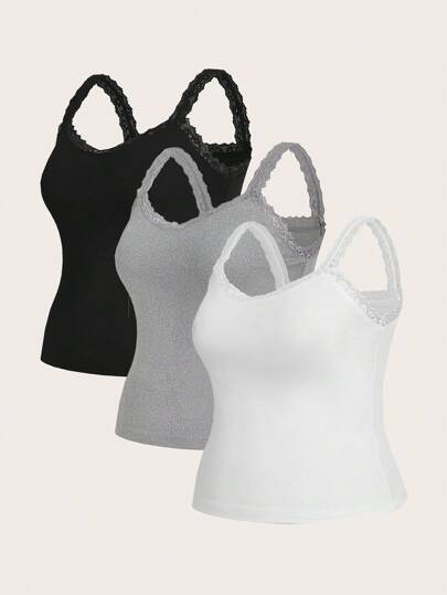 SHEIN Essnce Plus Size Women's 3-Pieces Camisole Tops,Elegant Everyday Lace Splicing Suspenders,Black And White Gray Summer Fashion Casual Commuting Tops