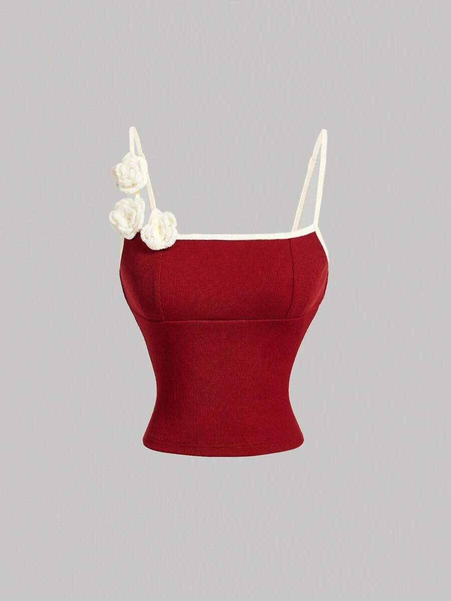 SHEIN MOD Áo ba lỗ cổ điển họa tiết hoa đỏ dành cho nữ, Áo ba lỗ dành cho nữ - Đỏ - Xem 1