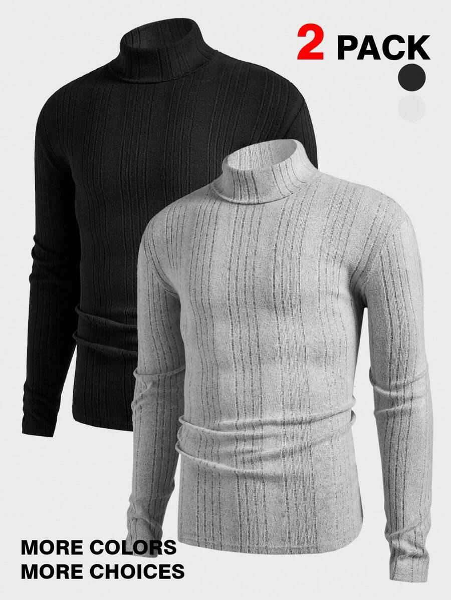 Manfinity VCAY Men's 2-Piece Knitted Fit Basic Style Casual High Neck Shoulder Long Sleeve T-Shirt Suitable For Autumn And Winter