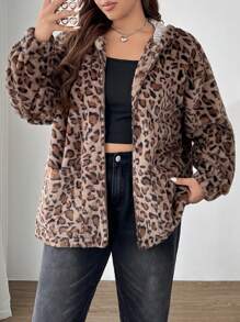 SHEIN EZwear 大码复古豹纹蓬松宽松连帽开衫，秋冬 - 駝色 - 查看 1