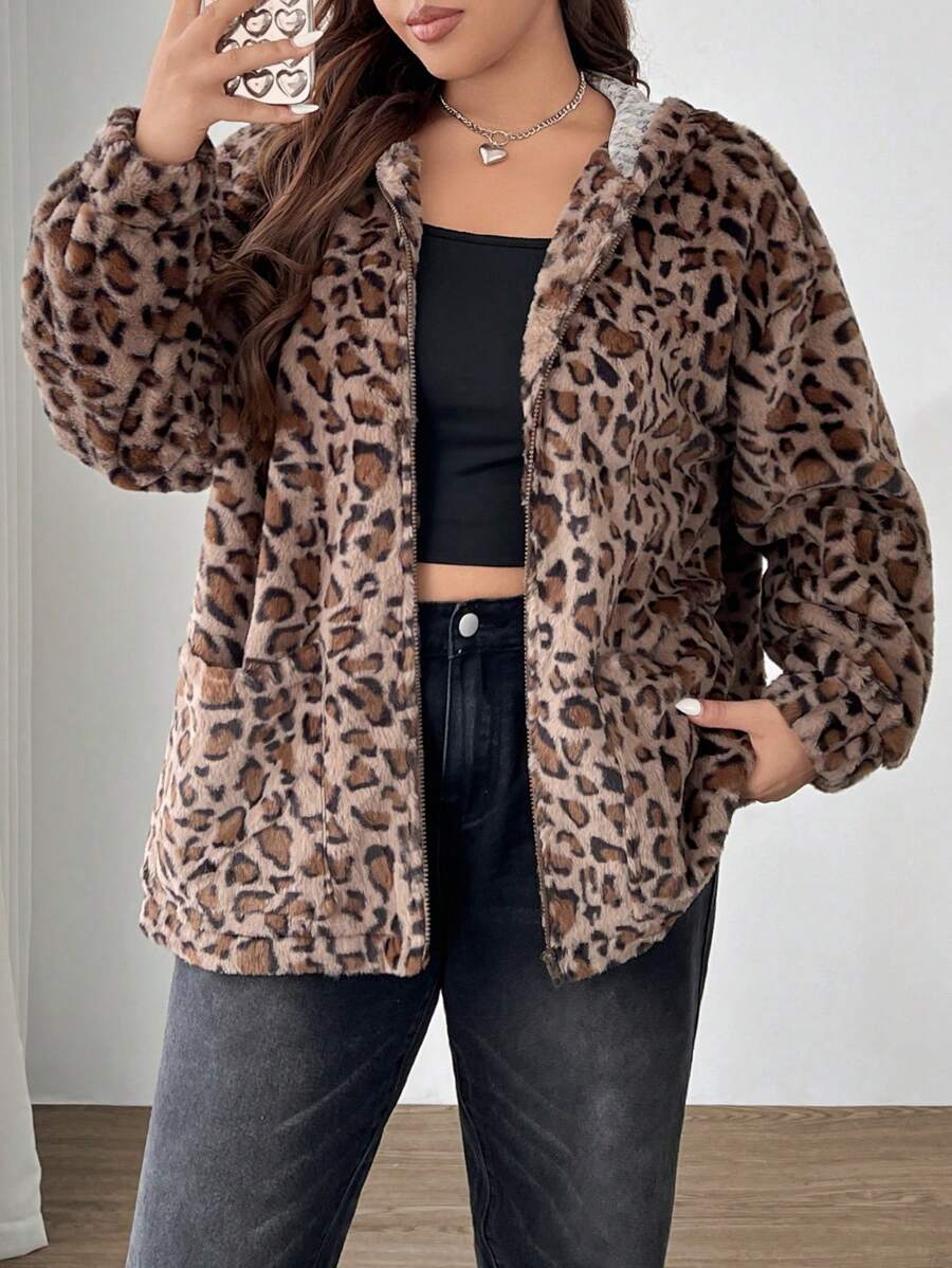 SHEIN EZwear 大码复古豹纹蓬松宽松连帽开衫，秋冬 - 駝色 - 查看 1