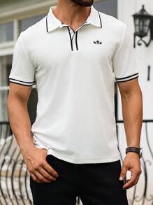 Manfinity Homme 男士商务休闲皇冠与翅膀撞色滚边短袖 POLO 衫，夏季 - 白色 - 查看 4