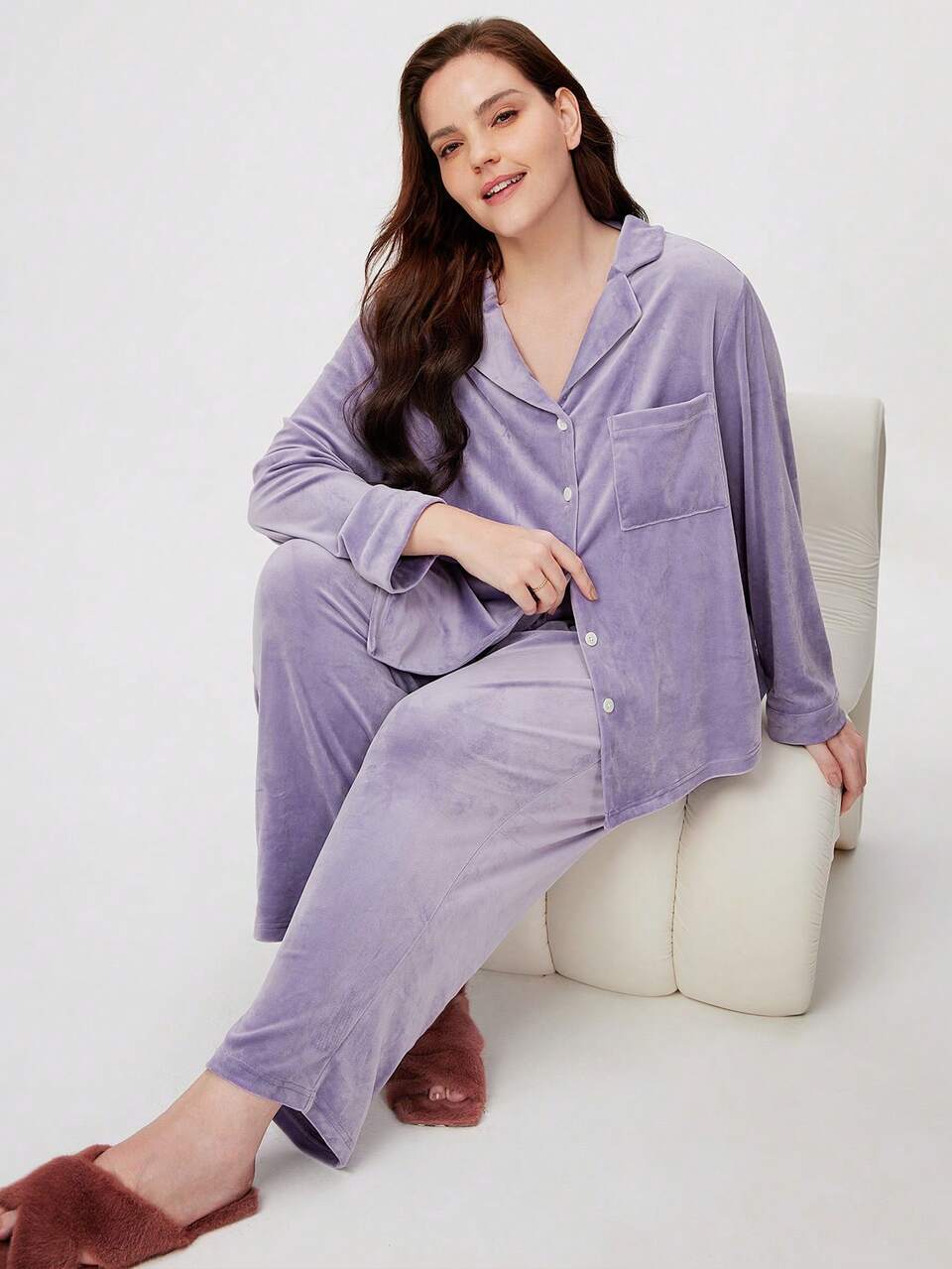 Women  Plus Winter Velour Button-Up Long PJ Set