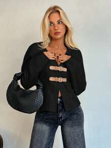 Aloruh Women's Autumn/Winter Knitted Blend Cardigan Coat - Black - View 4